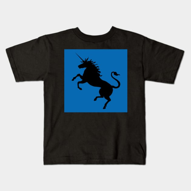 Black Coloured Rearing Scottish Unicorn On Saltire Blue Background Kids T-Shirt by MacPean